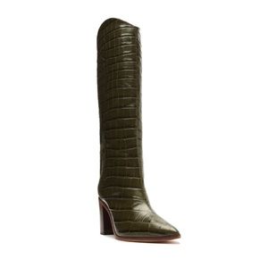 SCHUTZ NEW Maryana Block Crocodile-Embossed Leather Boot in Military Green